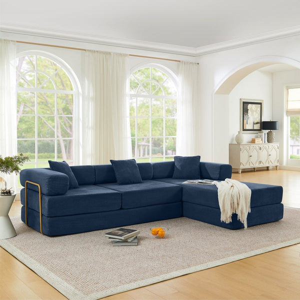 English Elm 108'' Modular Cloud Sectional Corduroy Couch with Fold-out Bed and Removable Backrest Blue W1117S00484