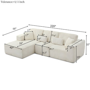 English Elm 109 Inch Modular Cloud Sectional Sofa Deep Seat Corduroy Upholstered Living Room Lounge Left Chaise W1117S00487