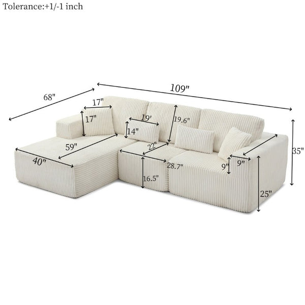 English Elm 109 Inch Modular Cloud Sectional Sofa Deep Seat Corduroy Upholstered Living Room Lounge Left Chaise W1117S00487