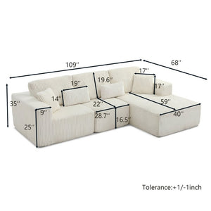 English Elm 109 Inch Modular Cloud Sectional Sofa Deep Seat Corduroy Upholstered Living Room Lounge Right Chaise W1117S00489