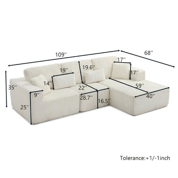 English Elm 109 Inch Modular Cloud Sectional Sofa Deep Seat Corduroy Upholstered Living Room Lounge Right Chaise W1117S00489