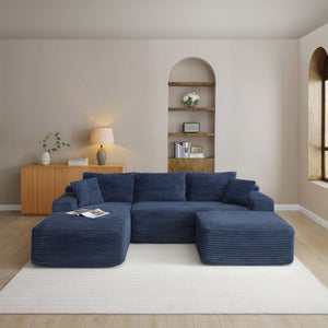 English Elm 105 Inch Three Piece Corduroy Sectional with Deep Cushions for Relaxed Living Spaces Blue - A W1117S00498