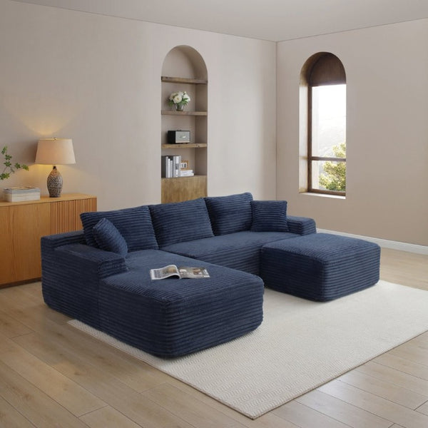 English Elm 105 Inch Three Piece Corduroy Sectional with Deep Cushions for Relaxed Living Spaces Blue - A W1117S00498