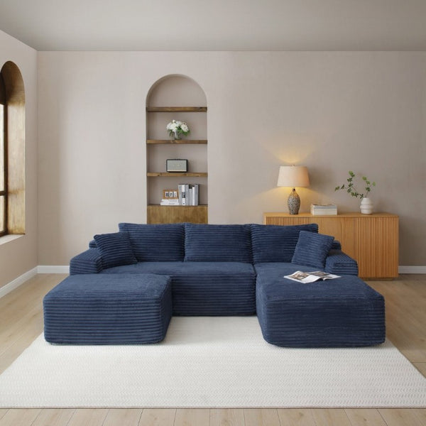English Elm 105 Inch Three Piece Corduroy Sectional with Deep Cushions for Relaxed Living Spaces Blue - B W1117S00504