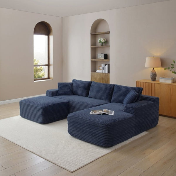 English Elm 105 Inch Three Piece Corduroy Sectional with Deep Cushions for Relaxed Living Spaces Blue - B W1117S00504