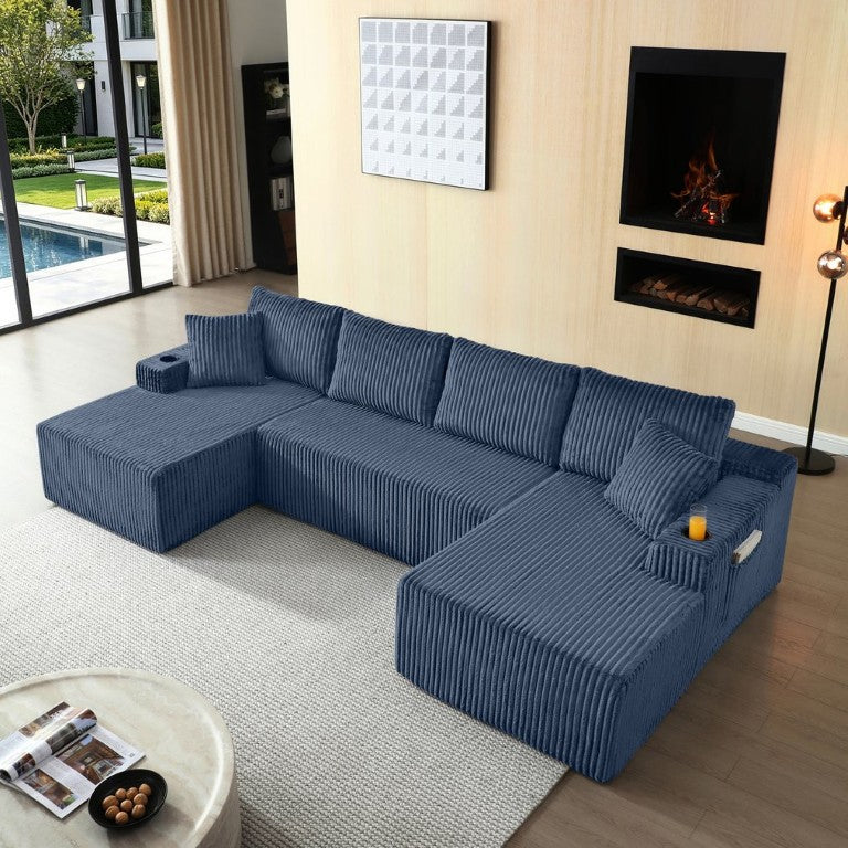 English Elm 124 Inch Corduroy U Shaped Modular Sectional Sofa with Deep Seat and Built in Cupholders Blue - B W1117S00542