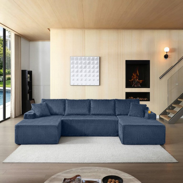 English Elm 124 Inch Corduroy U Shaped Modular Sectional Sofa with Deep Seat and Built in Cupholders Blue - B W1117S00542