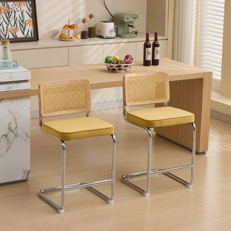 English Elm Mid Century Rattan Cantilever Barstools with Velvet Seats and Chrome Frame Set of 2 Yellow W1143P418315