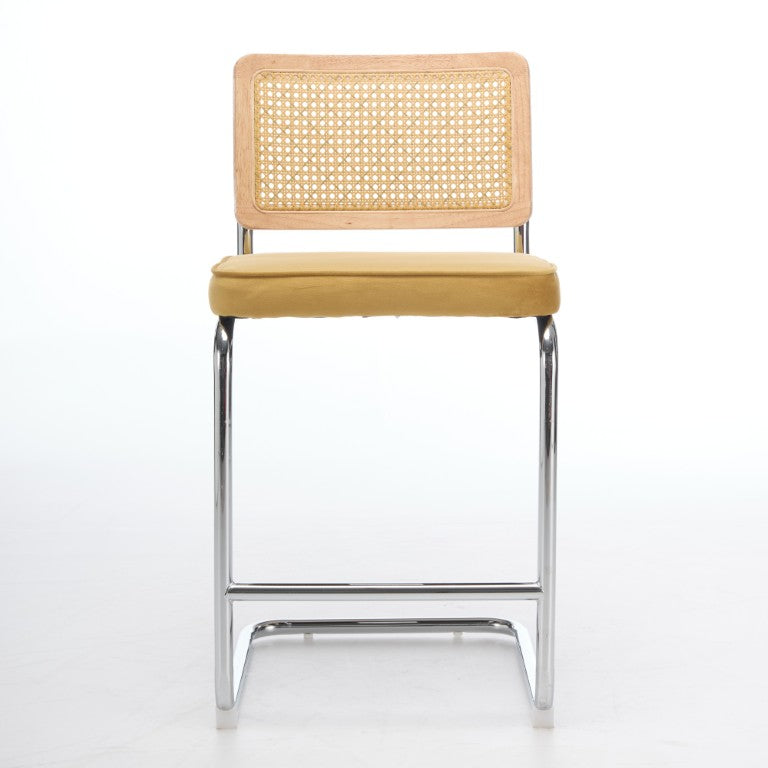 English Elm Mid Century Rattan Cantilever Barstools with Velvet Seats and Chrome Frame Set of 2 Yellow W1143P418315
