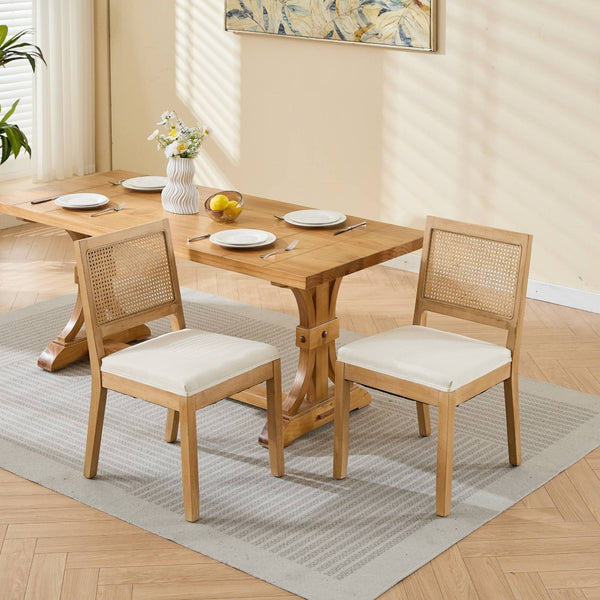 English Elm Farmhouse Rattan Cane Back Dining Chairs Solid Hardwood Set for Kitchen or Room Beige W1143P483566