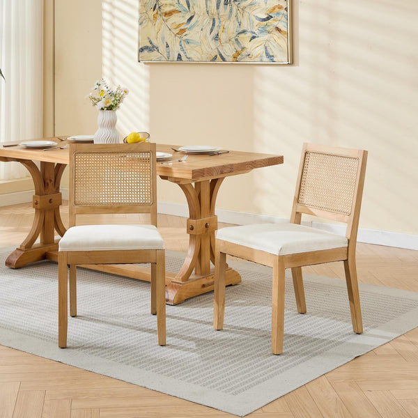 English Elm Farmhouse Rattan Cane Back Dining Chairs Solid Hardwood Set for Kitchen or Room Beige W1143P483566