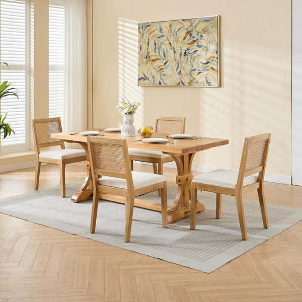 English Elm Farmhouse Rattan Cane Back Dining Chairs Solid Hardwood Set for Kitchen or Room Beige W1143P483566