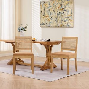 English Elm Farmhouse Rattan Cane Back Dining Chairs Solid Hardwood Set for Kitchen or Room Tan W1143P483568