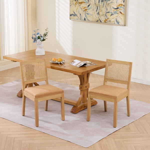 English Elm Farmhouse Rattan Cane Back Dining Chairs Solid Hardwood Set for Kitchen or Room Tan W1143P483568