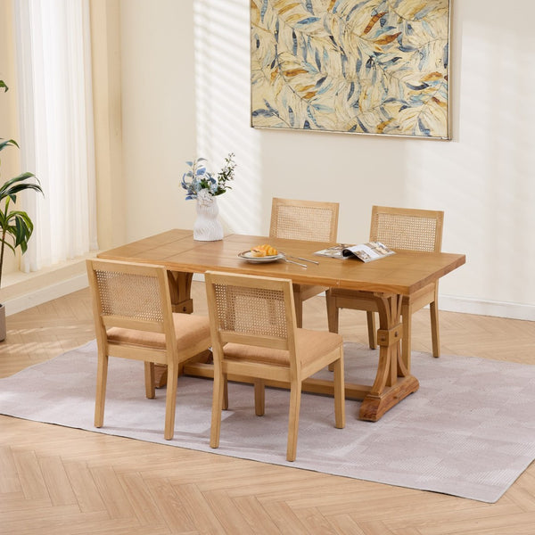 English Elm Farmhouse Rattan Cane Back Dining Chairs Solid Hardwood Set for Kitchen or Room Tan W1143P483568