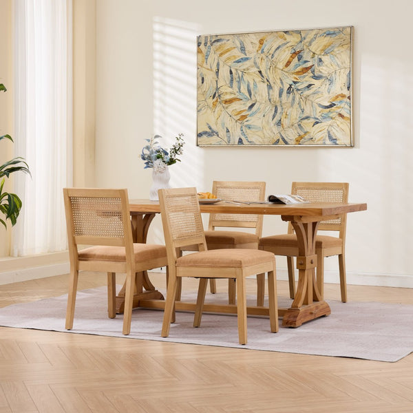 English Elm Farmhouse Rattan Cane Back Dining Chairs Solid Hardwood Set for Kitchen or Room Tan W1143P483568