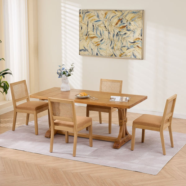 English Elm Farmhouse Rattan Cane Back Dining Chairs Solid Hardwood Set for Kitchen or Room Tan W1143P483568