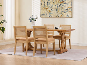 English Elm Farmhouse Rattan Cane Back Dining Chairs Solid Hardwood Set for Kitchen or Room Tan W1143P483568