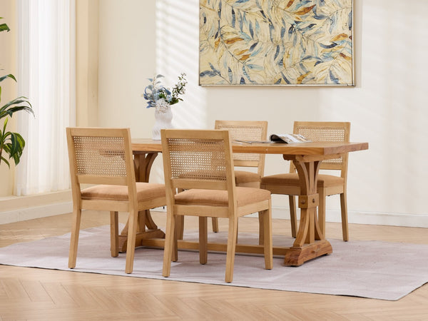 English Elm Farmhouse Rattan Cane Back Dining Chairs Solid Hardwood Set for Kitchen or Room Tan W1143P483568