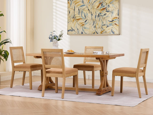 English Elm Farmhouse Rattan Cane Back Dining Chairs Solid Hardwood Set for Kitchen or Room Tan W1143P483568