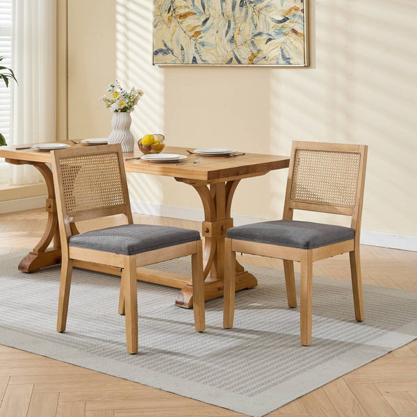 English Elm Farmhouse Rattan Cane Back Dining Chairs Solid Hardwood Set for Kitchen or Room Gray W1143P483569