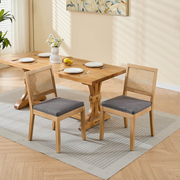 English Elm Farmhouse Rattan Cane Back Dining Chairs Solid Hardwood Set for Kitchen or Room Gray W1143P483569