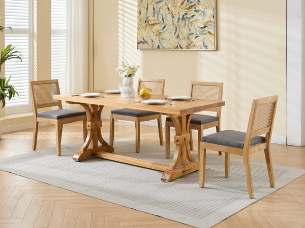 English Elm Farmhouse Rattan Cane Back Dining Chairs Solid Hardwood Set for Kitchen or Room Gray W1143P483569