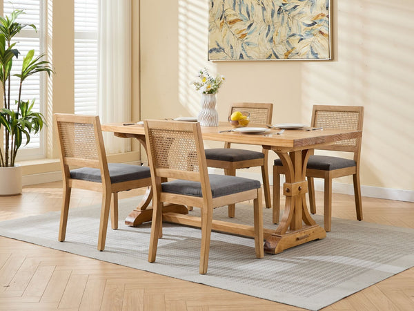 English Elm Farmhouse Rattan Cane Back Dining Chairs Solid Hardwood Set for Kitchen or Room Gray W1143P483569
