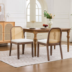 English Elm Set of 2 Rattan Back Dining Chairs Distressed Hardwood Frame Chenille Cushion Kitchen Beige W1143P494946