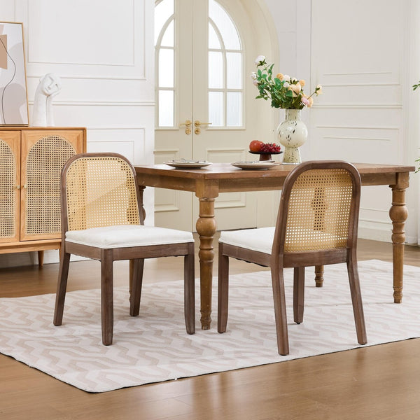 English Elm Set of 2 Rattan Back Dining Chairs Distressed Hardwood Frame Chenille Cushion Kitchen Beige W1143P494946