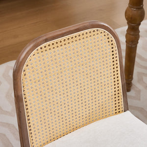 English Elm Set of 2 Rattan Back Dining Chairs Distressed Hardwood Frame Chenille Cushion Kitchen Beige W1143P494946