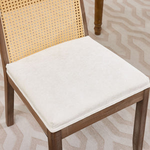 English Elm Set of 2 Rattan Back Dining Chairs Distressed Hardwood Frame Chenille Cushion Kitchen Beige W1143P494946