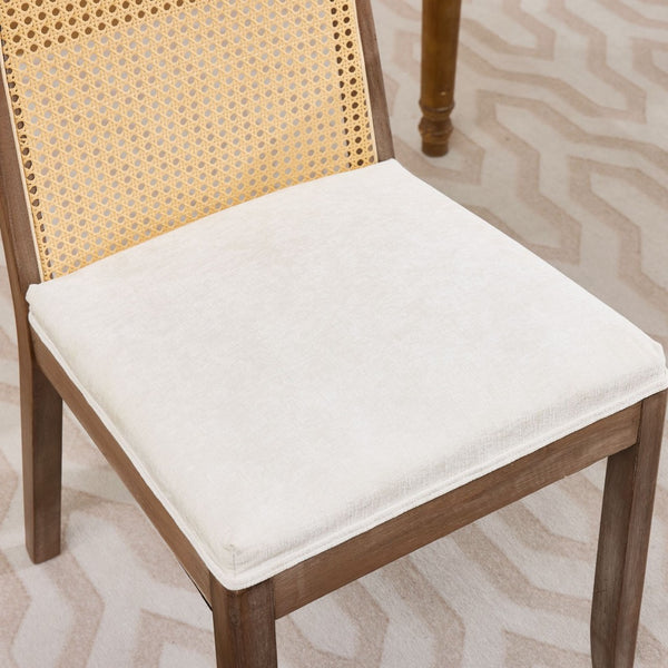 English Elm Set of 2 Rattan Back Dining Chairs Distressed Hardwood Frame Chenille Cushion Kitchen Beige W1143P494946