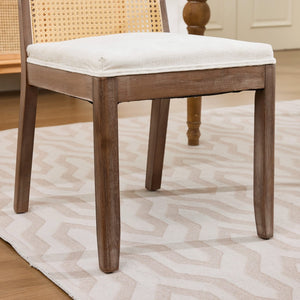 English Elm Set of 2 Rattan Back Dining Chairs Distressed Hardwood Frame Chenille Cushion Kitchen Beige W1143P494946