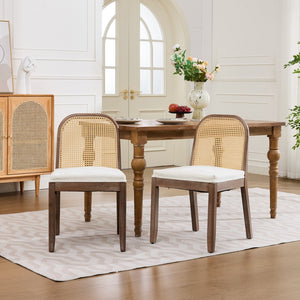 English Elm Set of 2 Rattan Back Dining Chairs Distressed Hardwood Frame Chenille Cushion Kitchen Beige W1143P494946