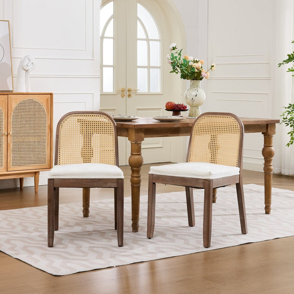 English Elm Set of 2 Rattan Back Dining Chairs Distressed Hardwood Frame Chenille Cushion Kitchen Beige W1143P494946