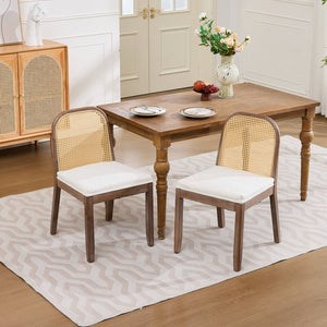 English Elm Set of 2 Rattan Back Dining Chairs Distressed Hardwood Frame Chenille Cushion Kitchen Beige W1143P494946