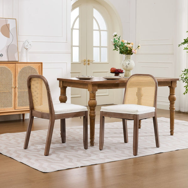 English Elm Set of 2 Rattan Back Dining Chairs Distressed Hardwood Frame Chenille Cushion Kitchen Beige W1143P494946