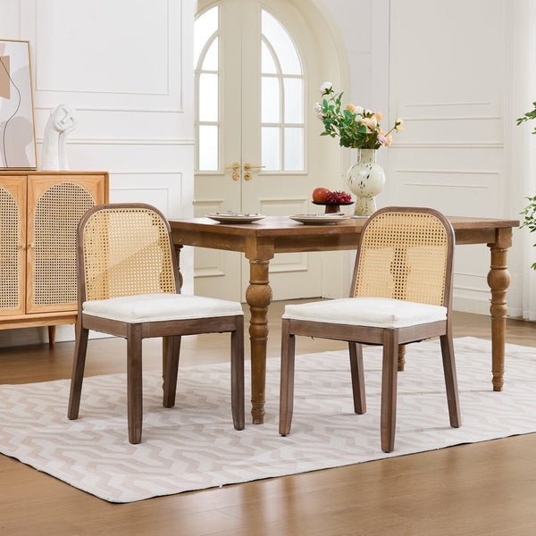 English Elm Set of 2 Rattan Back Dining Chairs Distressed Hardwood Frame Chenille Cushion Kitchen Beige W1143P494946