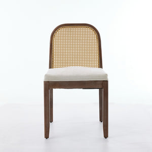 English Elm Set of 2 Rattan Back Dining Chairs Distressed Hardwood Frame Chenille Cushion Kitchen Beige W1143P494946