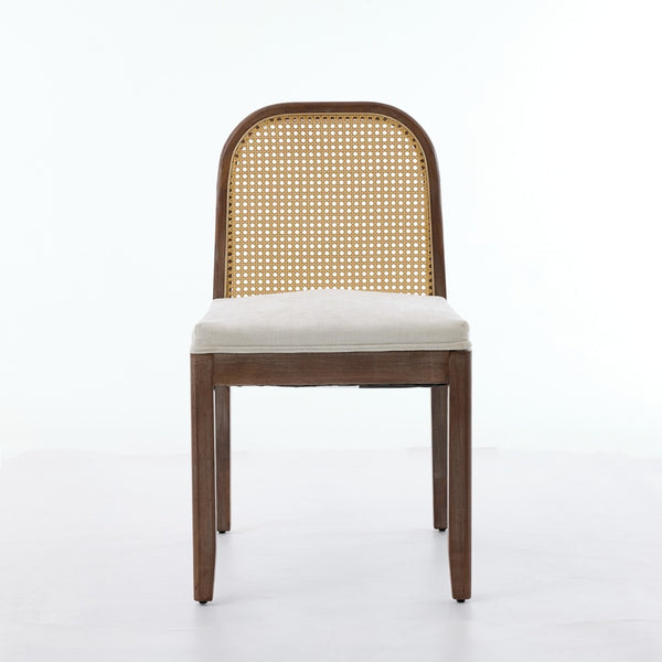 English Elm Set of 2 Rattan Back Dining Chairs Distressed Hardwood Frame Chenille Cushion Kitchen Beige W1143P494946