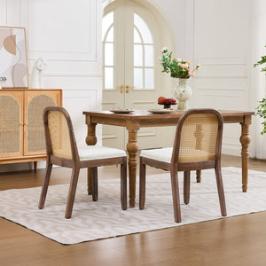 English Elm Set of 2 Rattan Back Dining Chairs Distressed Hardwood Frame Chenille Cushion Kitchen Beige W1143P494946