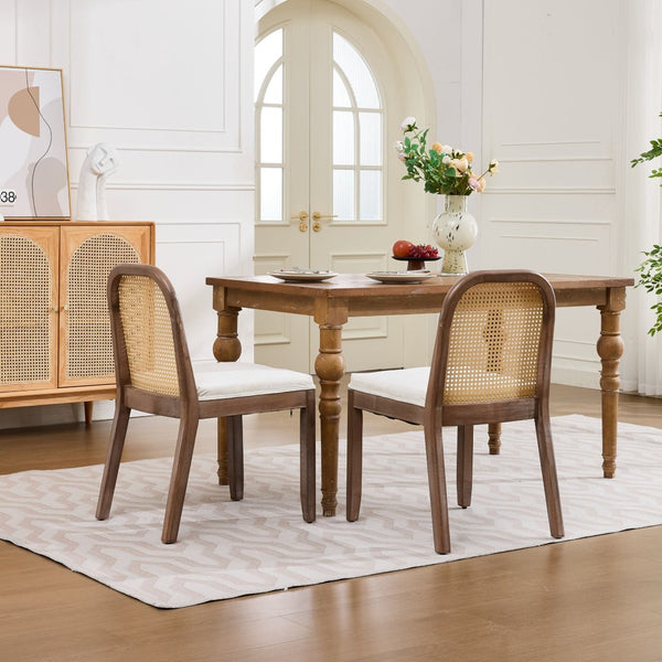 English Elm Set of 2 Rattan Back Dining Chairs Distressed Hardwood Frame Chenille Cushion Kitchen Beige W1143P494946