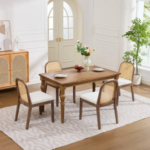 English Elm Set of 2 Rattan Back Dining Chairs Distressed Hardwood Frame Chenille Cushion Kitchen Beige W1143P494946