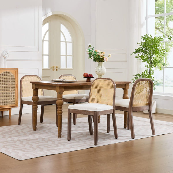 English Elm Set of 2 Rattan Back Dining Chairs Distressed Hardwood Frame Chenille Cushion Kitchen Beige W1143P494946