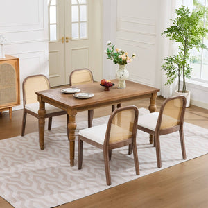 English Elm Set of 2 Rattan Back Dining Chairs Distressed Hardwood Frame Chenille Cushion Kitchen Beige W1143P494946