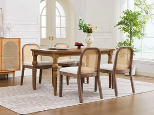 English Elm Set of 2 Rattan Back Dining Chairs Distressed Hardwood Frame Chenille Cushion Kitchen Beige W1143P494946