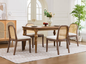 English Elm Set of 2 Rattan Back Dining Chairs Distressed Hardwood Frame Chenille Cushion Kitchen Beige W1143P494946