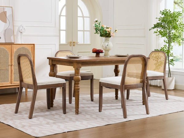 English Elm Set of 2 Rattan Back Dining Chairs Distressed Hardwood Frame Chenille Cushion Kitchen Beige W1143P494946