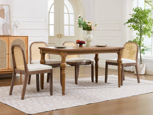 English Elm Set of 2 Rattan Back Dining Chairs Distressed Hardwood Frame Chenille Cushion Kitchen Beige W1143P494946